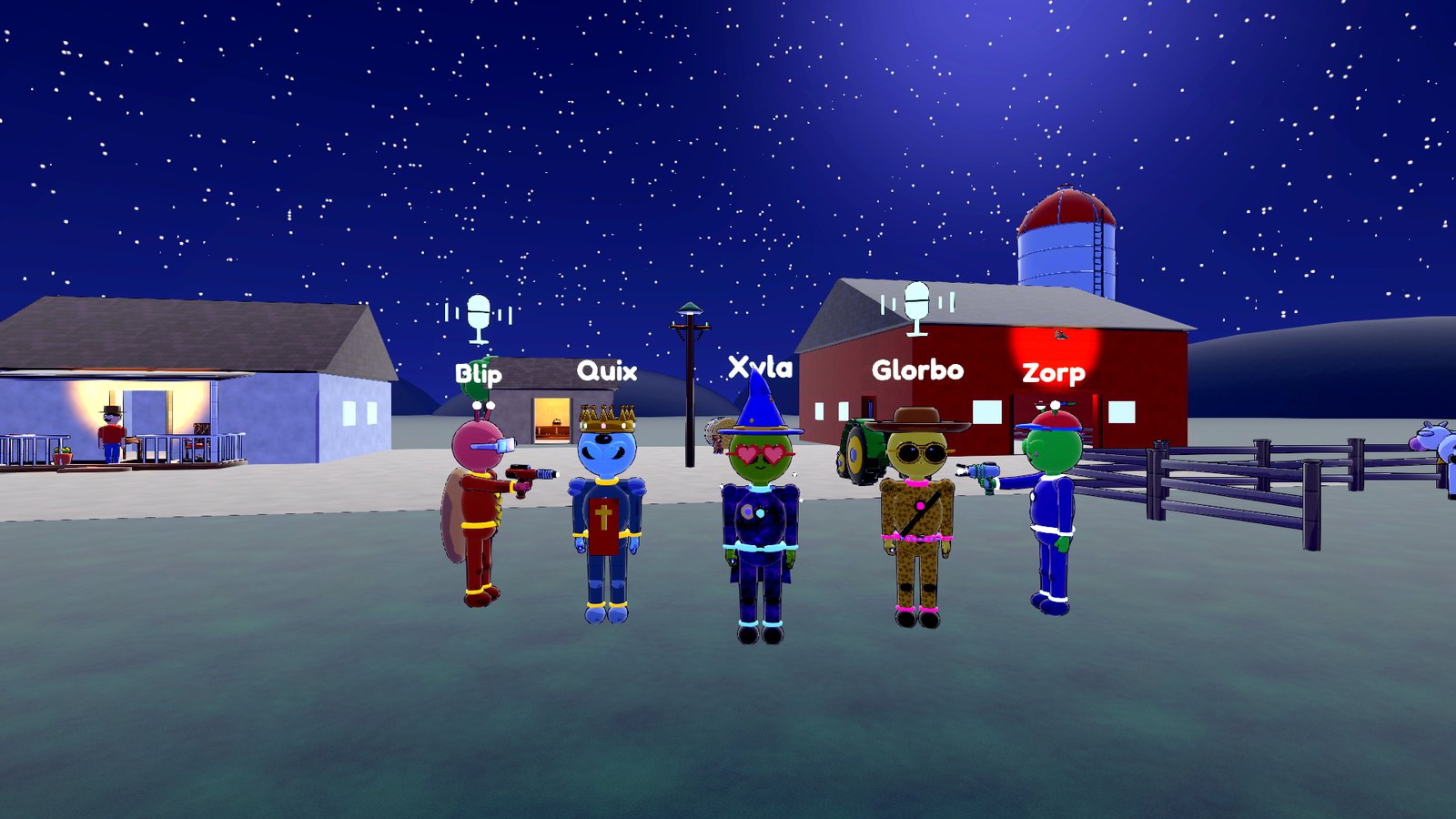 Five aliens with gadgets and name tags at the farm at night