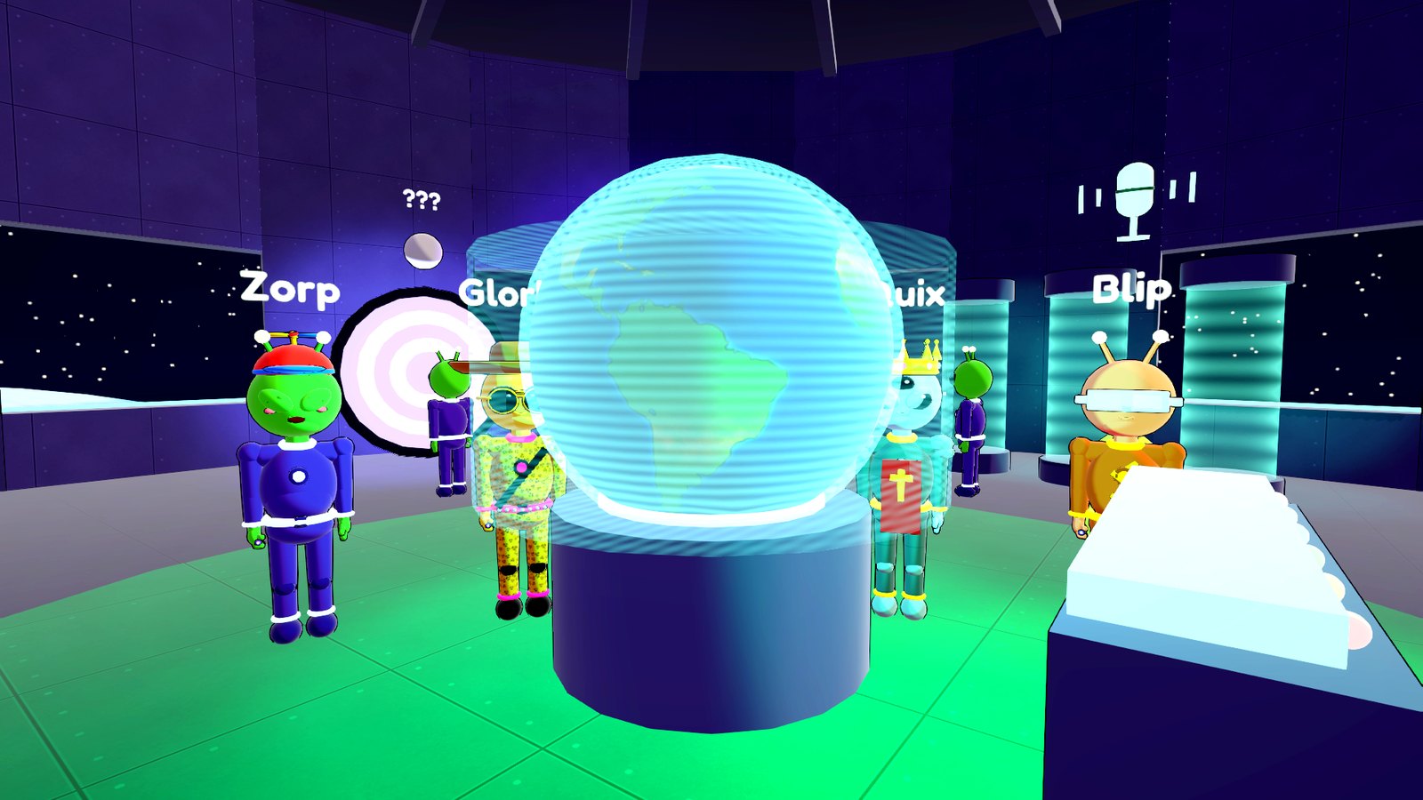 Five aliens gathered around the holo-globe in the mothership