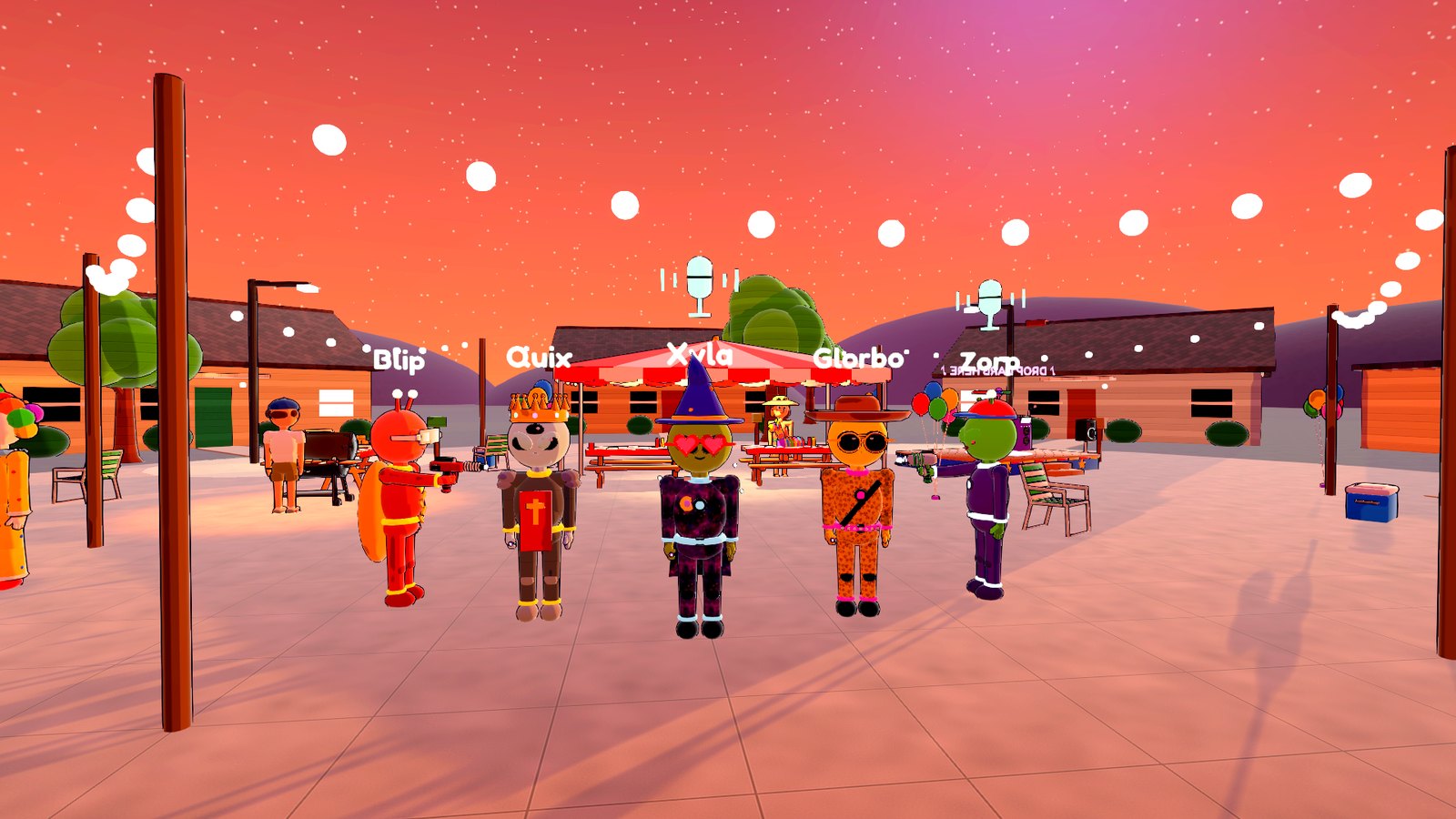 A crew of five dressed-up aliens with name tags crashing the block party