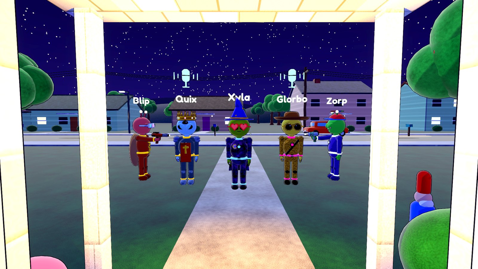 Five aliens with voice chat mics on the Henderson front lawn
