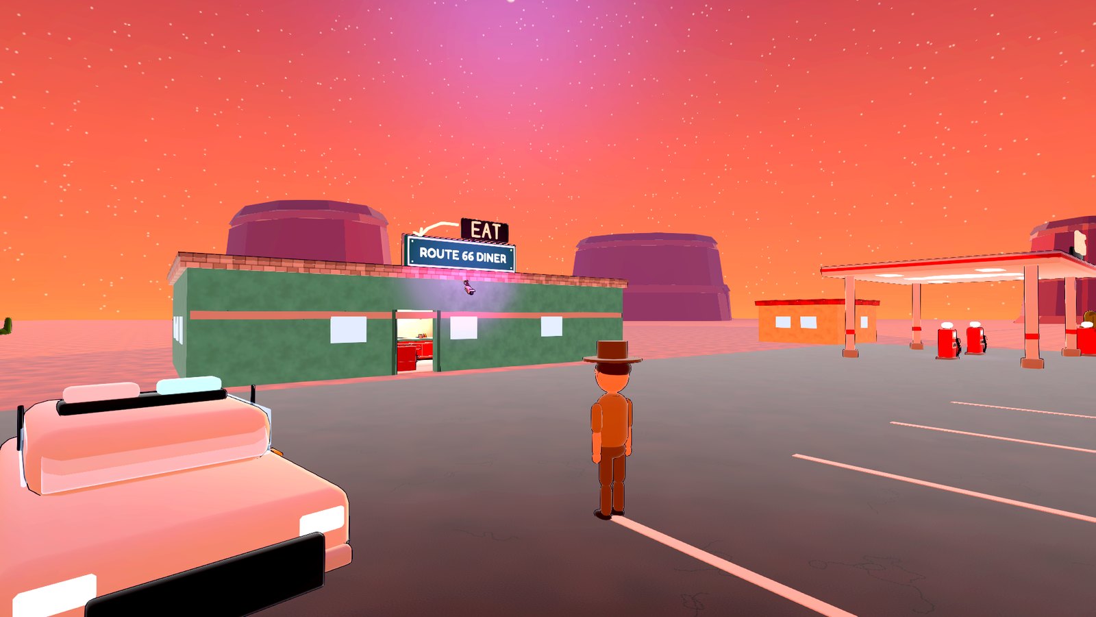 A Route 66 diner and gas station at sunset, with a cowboy and a pink classic car