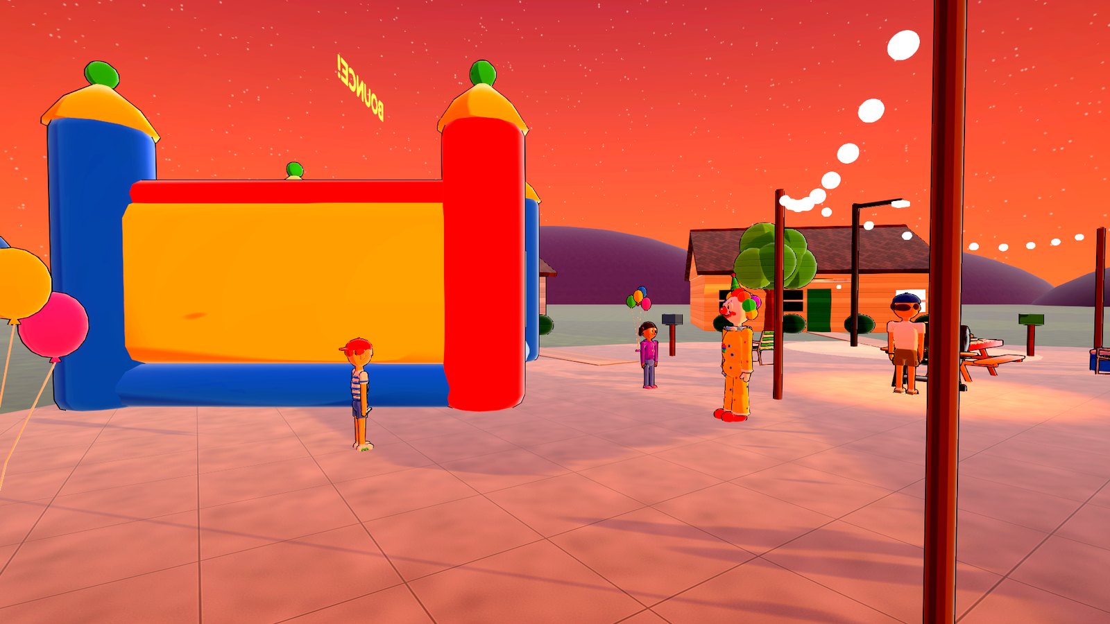 A bouncy castle, balloons and a clown at a cul-de-sac block party at sunset