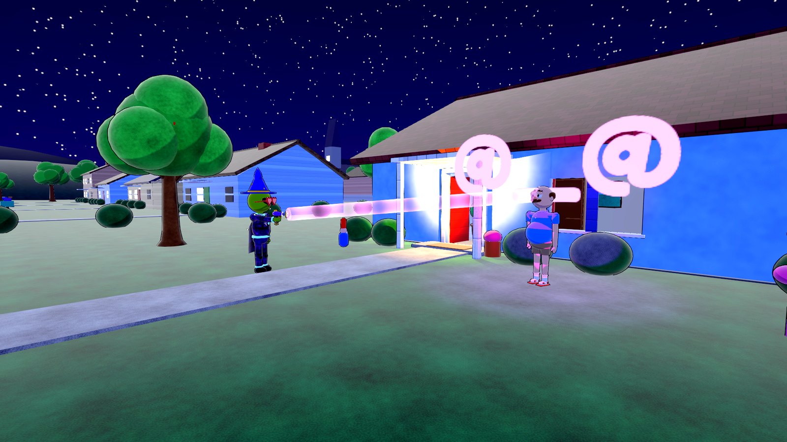 An alien in a wizard hat hypnotizes Gary on his front lawn with the Hypno Ray